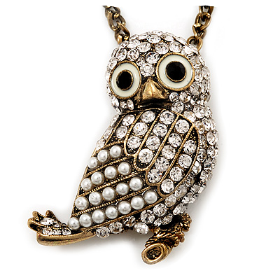 Long Cute Crystal & Simulated Pearl Owl Pendant Necklace In Antique Gold Metal - 60cm Length (10cm Extension)