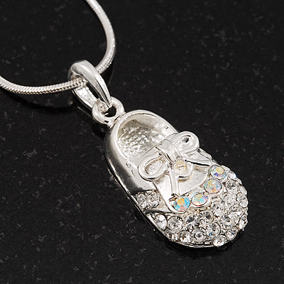 Tiny Crystal 'Shoe' Pendant Necklace In Silver Plated Metal - 42cm Length - main view