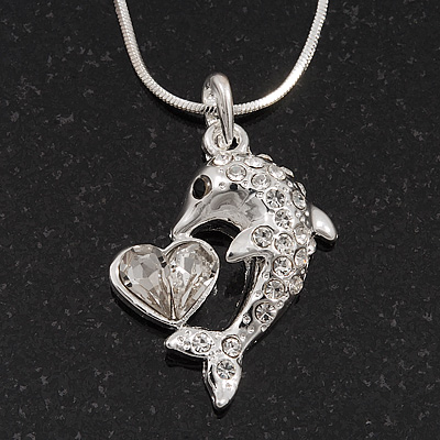 Crystal 'Dolphin & Heart' Pendant Necklace In Rhodium Plated Metal - 42cm Length - main view