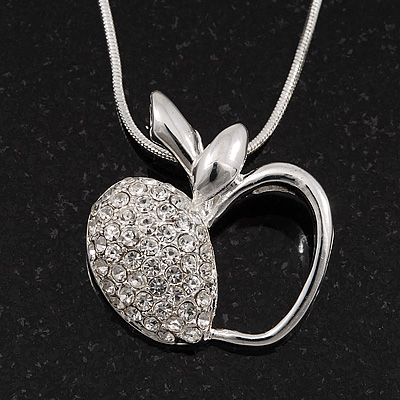 Silver Plated Diamante Open Apple Pendant Necklace - 42cm Length - main view