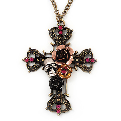 'Cross, Roses & Skull' Vintage Pendant Necklace In Bronze Tone Metal - 80cm Length (5cm extension) - main view