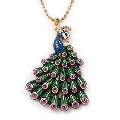 Stunning Multicoloured Enamel Peacock Pendant Necklace In Gold Plated Metal - 64cm Length (7cm extension) - main view