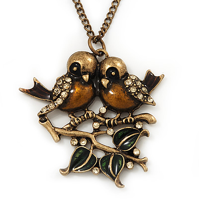 Vintage 'Love Birds' Pendant Necklace In Antique Gold Finish - 46cm Length (6cm extension) - main view