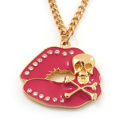 'Skull & Lips' Diamante Enamel Pendant Necklace In Gold Plated Metal - 70cm Length (8cm extension) - main view
