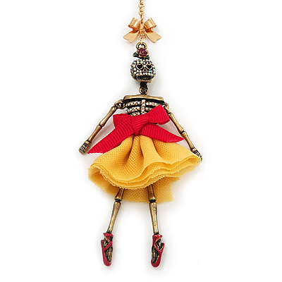 Funky Swarovski Crystal 'Skeleton Ballerina' Pendant Necklace In Antique Gold Metal - 74cm Length (8cm extension) - main view