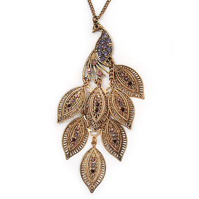 Long Exquisite 'Peacock' Pendant Necklace In Gold Plated Metal - 80cm Length (8cm extension) - main view