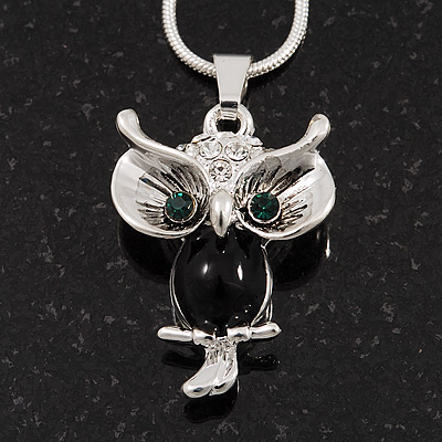 Small Diamante 'Owl' Pendant Necklace In Rhodium Plated Metal - 40cm Length & 4cm Extension - main view