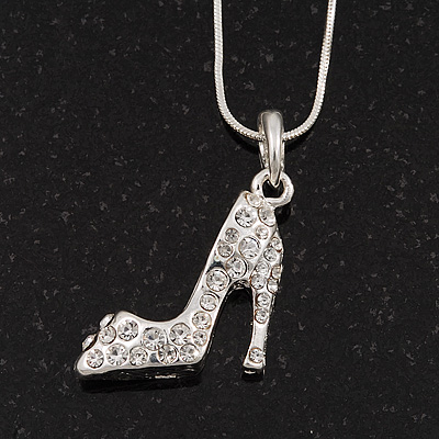 Stylish Diamante 'Shoe' Pendant Necklace In Rhodium Plated Metal - 40cm Length & 4cm Extension - main view