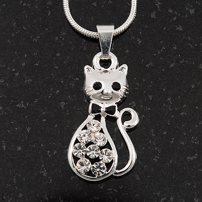 Small Cute Diamante 'Kitty In The Bow' Pendant Necklace In Rhodium Plated Metal - 40cm Length & 4cm Extension - main view