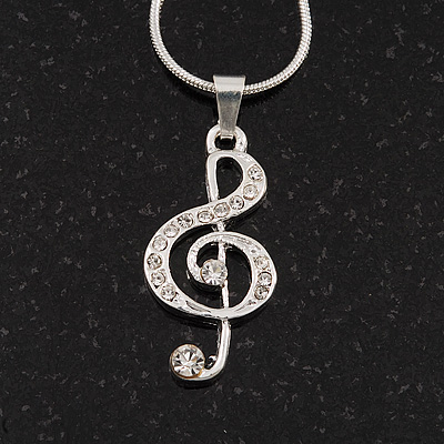 Silver Plated Diamante Treble Clef Pendant with Snake Type Chain - 40cm L/ 4cm Ext - main view