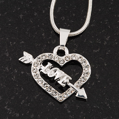 Small Diamante Open 'Heart & Love Arrow' Pendant Necklace In Rhodium Plated Metal - 40cm Length & 4cm Extension - main view
