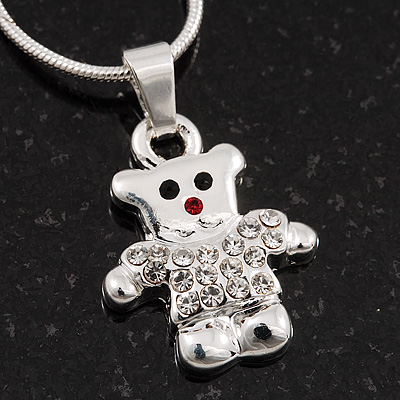 Tiny 'Teddy Bear In The Jacket' Pendant Necklace In Rhodium Plated Metal - 40cm Length & 4cm Extension - main view