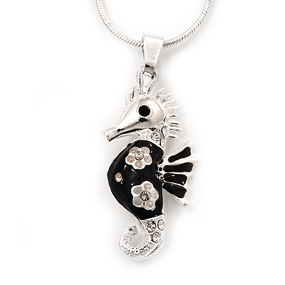 Small Black Enamel Diamante 'Seahorse' Pendant Necklace In Rhodium Plated Metal - 40cm Length & 4cm Extension - main view