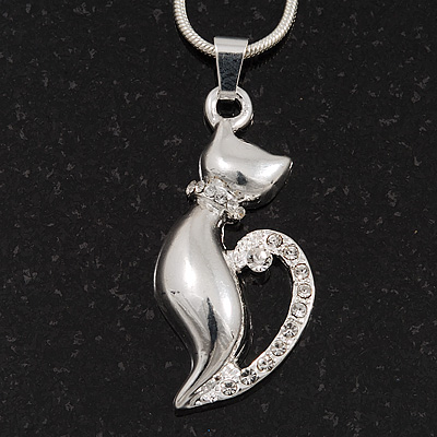 Rhodium Plated 'Cat With Crystal Tail' Pendant Necklace - 40cm Length & 4cm Extension