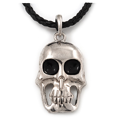Silver Plated Skull Pendant On Black Leather Style Cord Necklace - 40cm Length & 4cm Extension - main view