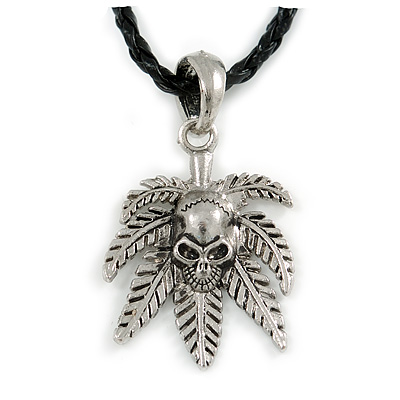 Silver Tone 'Skull on a Hemp Leaf' Pendant Black Leather Style Cord Necklace - 40cm Length & 4cm Extension