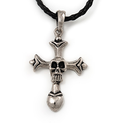 Silver Tone 'Skull On Cross' Pendant Black Leather Style Cord Necklace - 40cm Length & 4cm Extension - main view