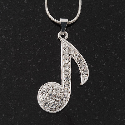 Silver Tone Diamante 'Musical Note' Pendant Necklace - 40cm Length & 4cm Extension