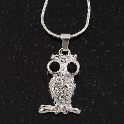Tiny Crystal 'Owl' Pendant Necklace In Rhodium Plated Metal - 40cm Length & 4cm Extension - main view