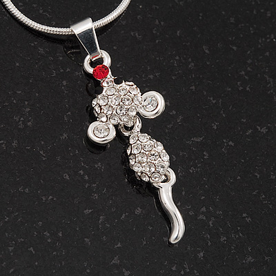 Tiny Crystal 'Mouse With Dangling Tail' Pendant Necklace In Rhodium Plated Metal - 40cm Length & 4cm Extension - main view