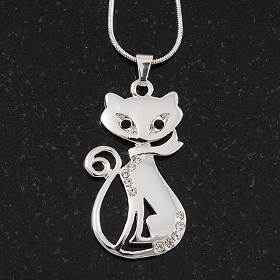 Rhodium Plated Diamante 'Cat' Pendant Necklace - 40cm Length & 4cm Extension - main view