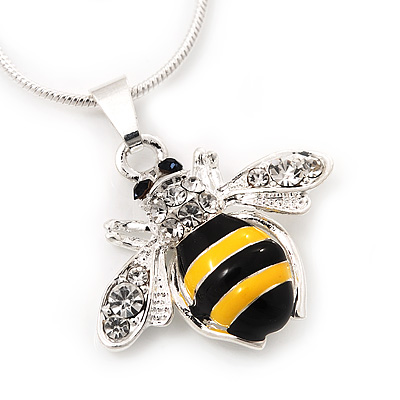 Small Cute 'Bee' Pendant Necklace In Rhodium Plated Metal - 40cm Length & 4cm Extension - main view
