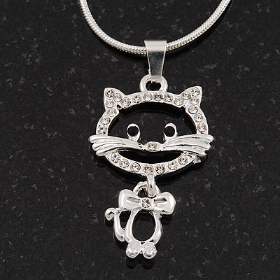 Sweet Open Crystal 'Kitty' Pendant Necklace In Rhodium Plated Metal - 40cm Length & 4cm Extension - main view
