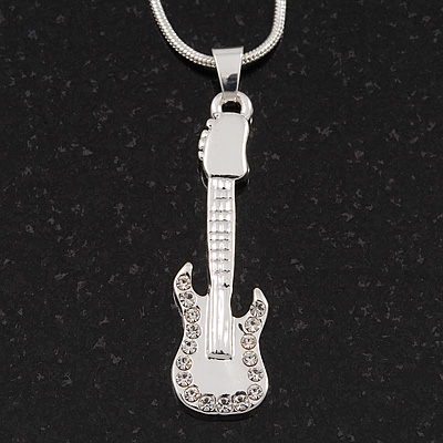 Diamante 'Guitar' Pendant Necklace In Silver Plated Metal - 40cm Length (5cm extension) - main view