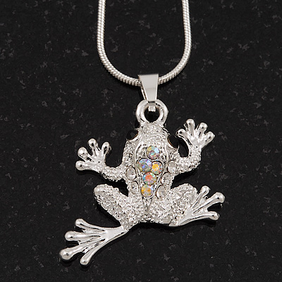 AB Crystal 'Leaping Frog' Pendant Necklace In Rhodium Plated Metal - 40cm Length & 4cm Extension - main view