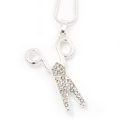 Clear Crystal 'Scissors' Pendant Necklace In Silver Plated Metal - 40cm Length with 4cm extension - main view