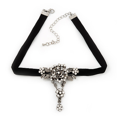 Vintage Diamante 'Rose' Choker Necklace On Black Velour Cord In Silver Finish - 29cm Length with 8cm extension - main view