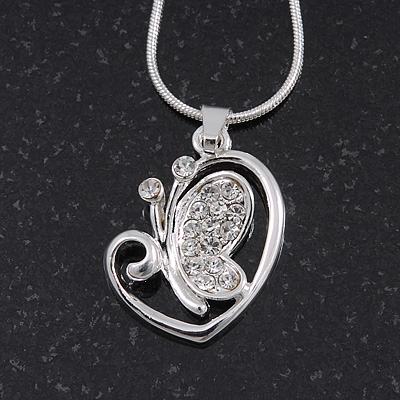 Diamante 'Butterfly In The Heart' Pendant Necklace In Silver Plating - 40cm Length/ 4cm Extension - main view