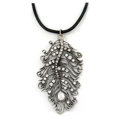 Burn Silver Large Diamante 'Feather' Pendant On Black Leather Cord Necklace - 38cm Length/ 7cm Extension - main view