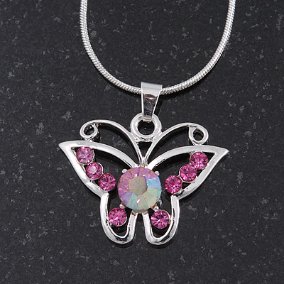 Pink Crystal 'Butterfly' Pendant Necklace In Silver Plating - 40cm Length/ 4cm Extension