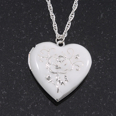 Silver Plated White 'Heart' Locket Pendant Necklace - 44cm Length/ 4cm Extension