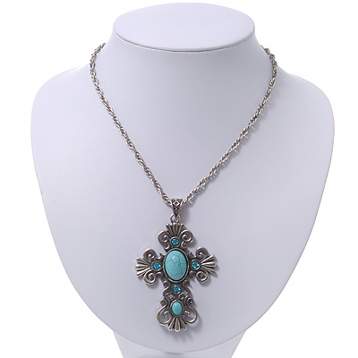 Antique Silver Turquoise Stone 'Cross' Pendant Necklace - 66cm L/ 3cm Ext - main view