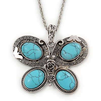 Turquoise Stone 'Butterfly' Pendant Necklace In Silver Plating - 68cm Length - main view
