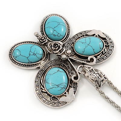 Turquoise Stone 'Butterfly' Pendant Necklace In Silver Plating 68cm Length