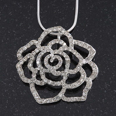 Clear Crystal Open Rose Pendant Necklace In Silver Plating - 38cm Length/ 4cm Extension - main view