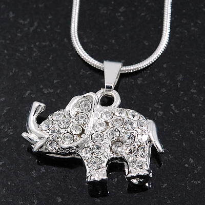 Silver Plated Diamante 'Elephant' Pendant Necklace - 40cm Length - main view