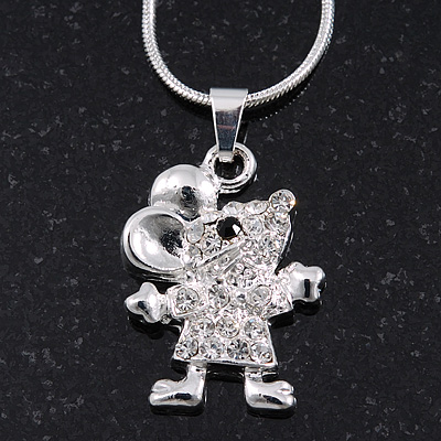 Silver Plated Diamante 'Cute Mouse' Pendant Necklace - 40cm Length - main view
