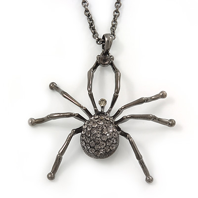 Shimmering Dim Grey Crystal Spider Pendant Necklace In Gun Metal - 60cm Length - main view