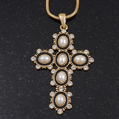 Simulated Pearl and Swarovski crystal 'Vaticana' Statement Cross Pendant and Chain (Gold Plating) - 36cm Length/ 8cm Extension - main view