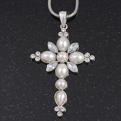Simulated Pearl and CZ 'Fleur de Lis' Statement Cross Pendant Necklace In Silver Plating - 38cm Length/ 8cm Extension - main view