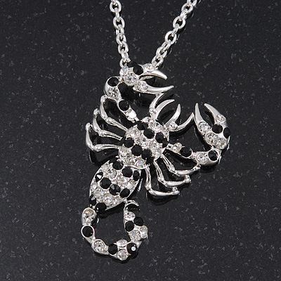 Long Black/Clear Swarovski Crystal 'Scorpion' Pendant Necklace In Rhodium Plating - 72cm Long/ 7cm Extension