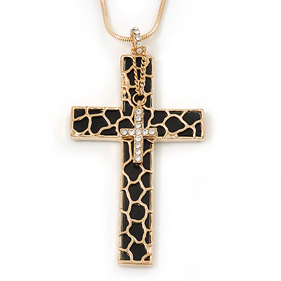Large Contemporary Double Cross Pendant with Long Snake Chain In Gold Plating - 77cm Length - main view