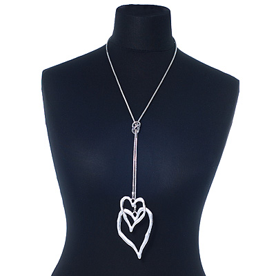 Long Double Heart Pendant Necklace In Rhodium Plating - 62cm Length/ 23cm Heart Tassel