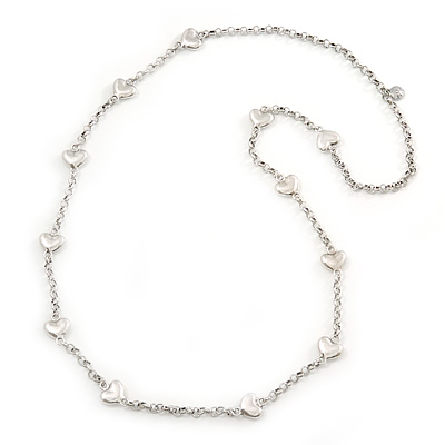 Long 'Heart' Round Link Necklace In Silver Tone Metal - 100cm Length - main view