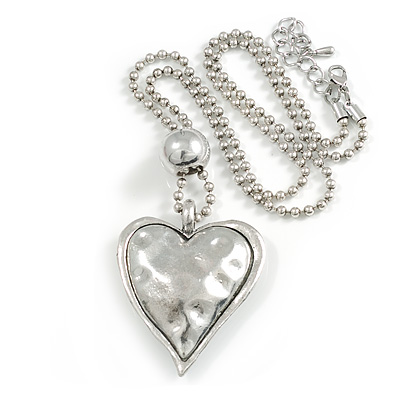 Hammered Silver Plated Statement Heart Pendant on Bead Chain - 76cm Long 8cm Extension - main view