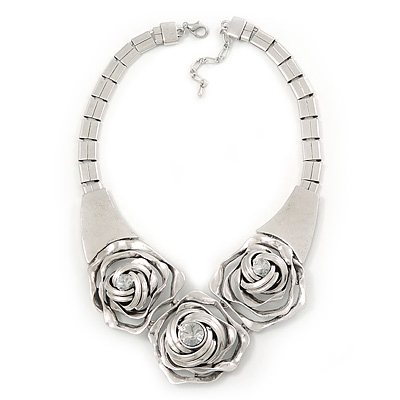 Chunky Triple Rose Ethnic Necklace In Rhodium Plating - 42cm Length/ 7cm Extender - main view